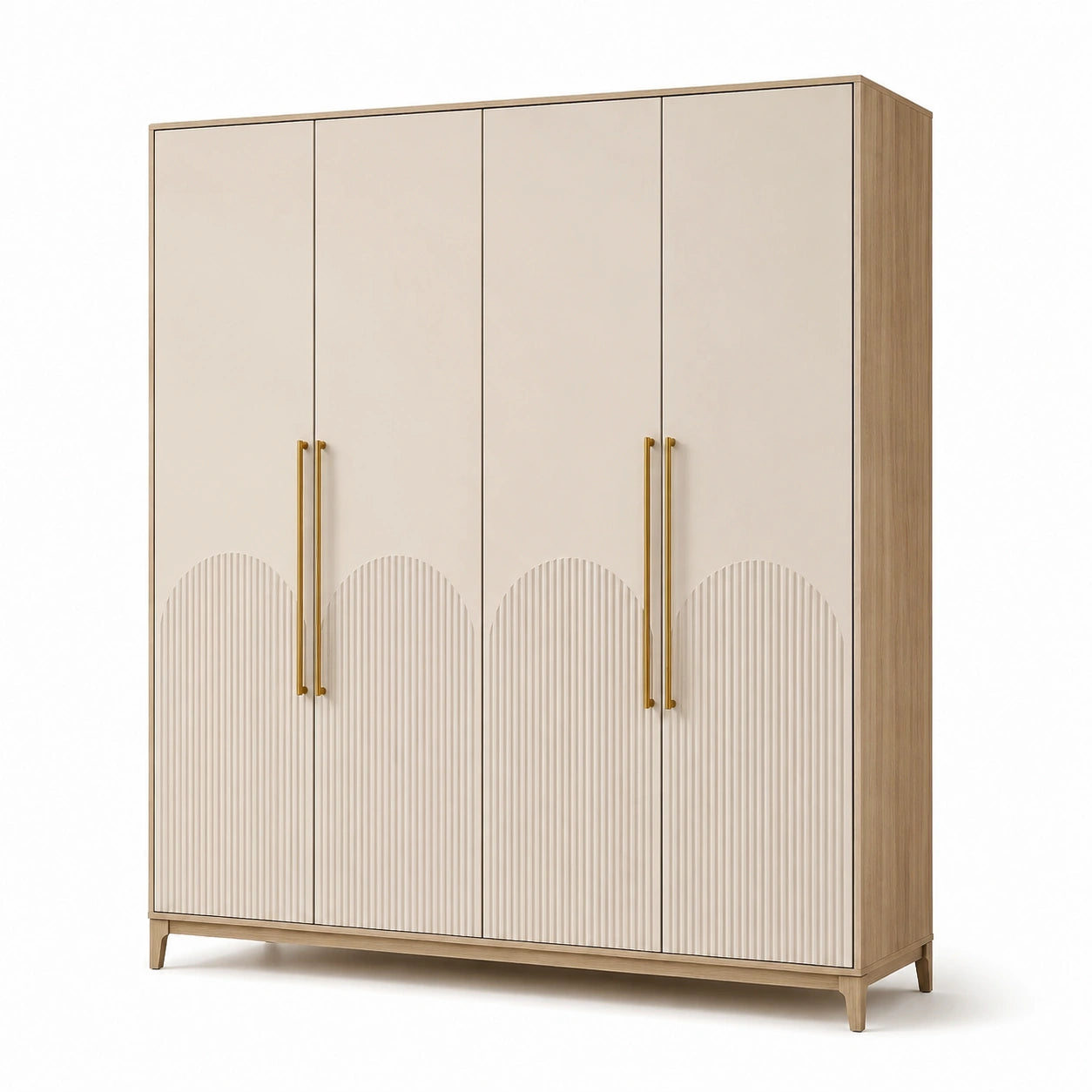 Armoire en bois clair et beige avec poignées en métal doré 200x180x60 cm