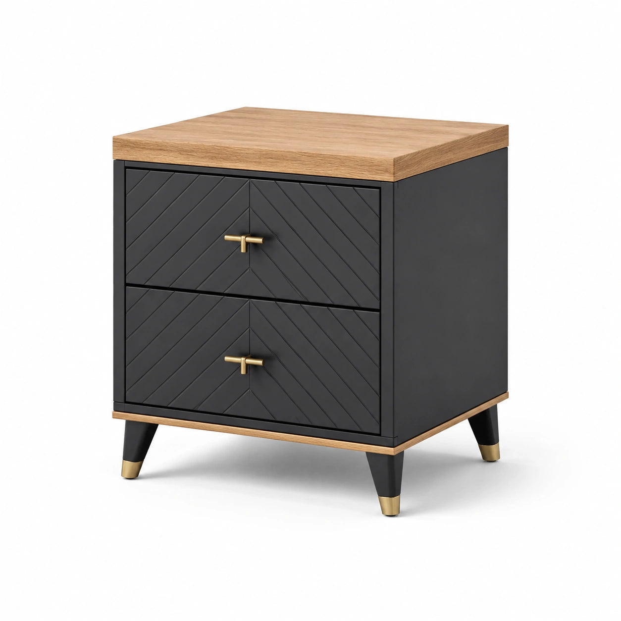 Table de chevet en bois et métal avec tiroirs noirs et chêne