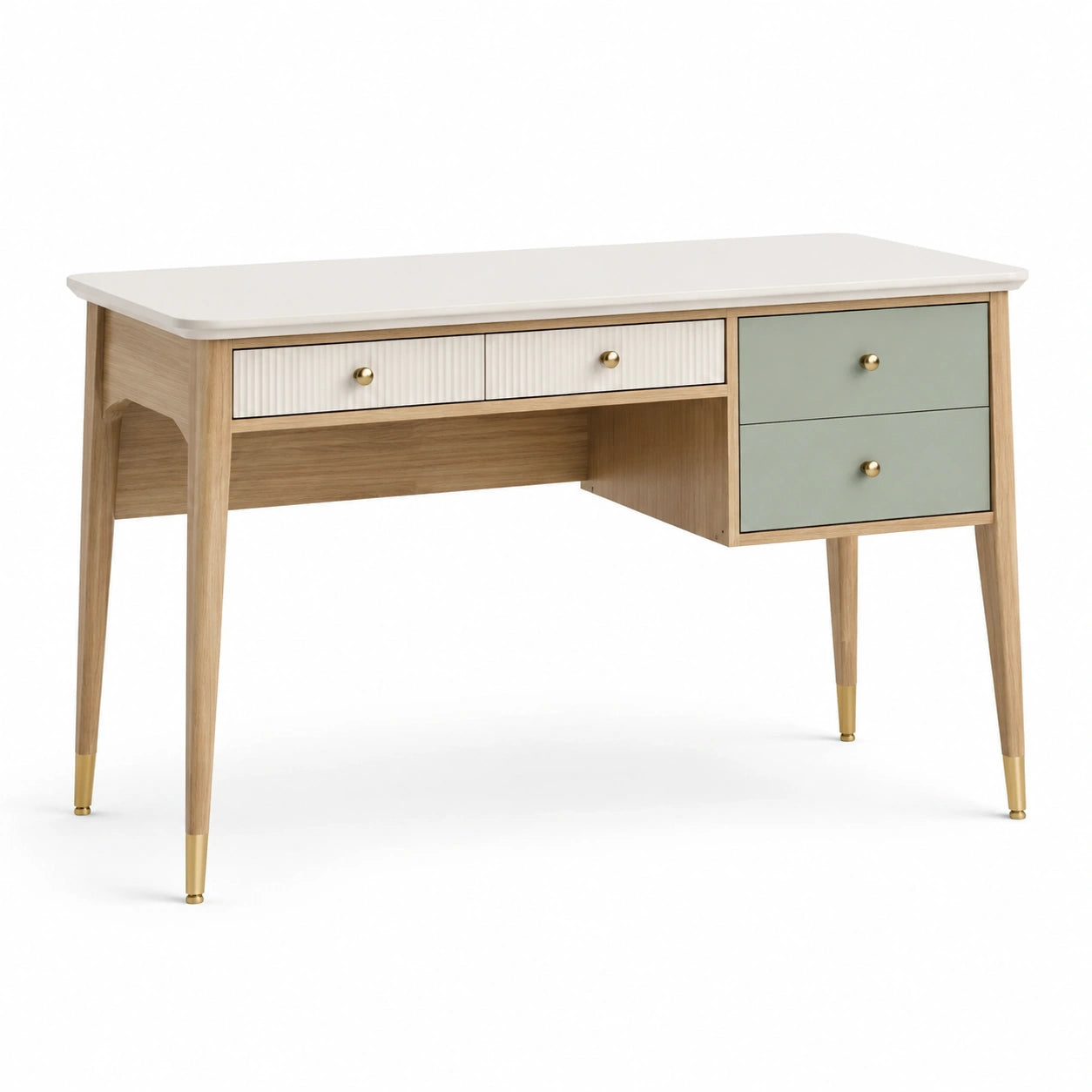 Bureau en bois avec tiroirs blancs et vert clair, pieds métalliques